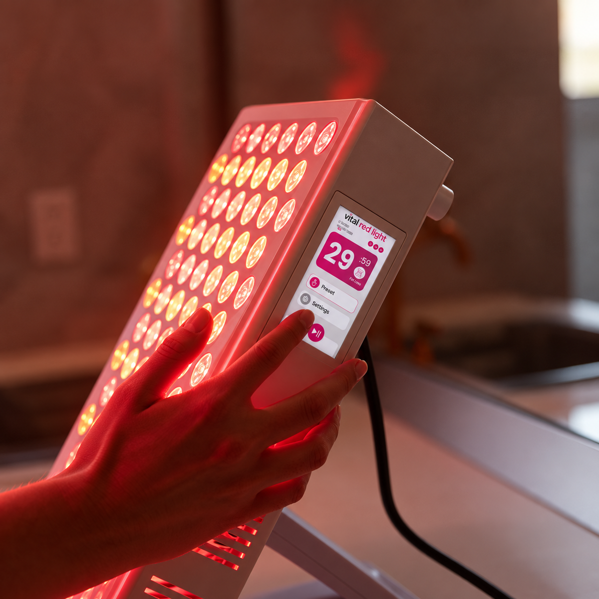 Hand selecting a preset on the Vital Pro 2.0 side touchscreen