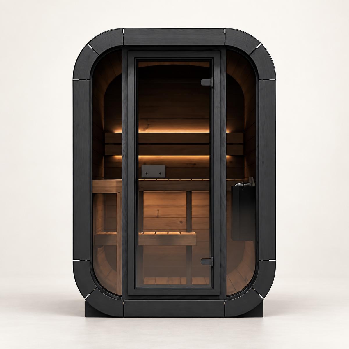 SaunaLife CL3G outdoor cube sauna, front view with full glass front and door