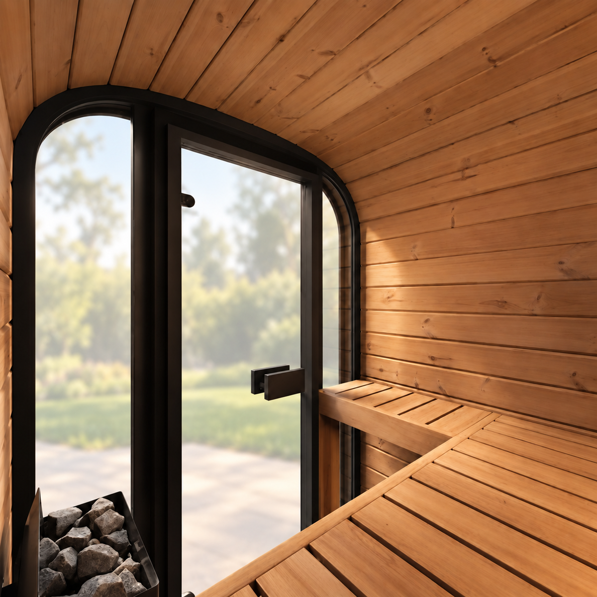 SaunaLife CL3G interior, tempered glass door, wall staves and Thermo-Aspen bench