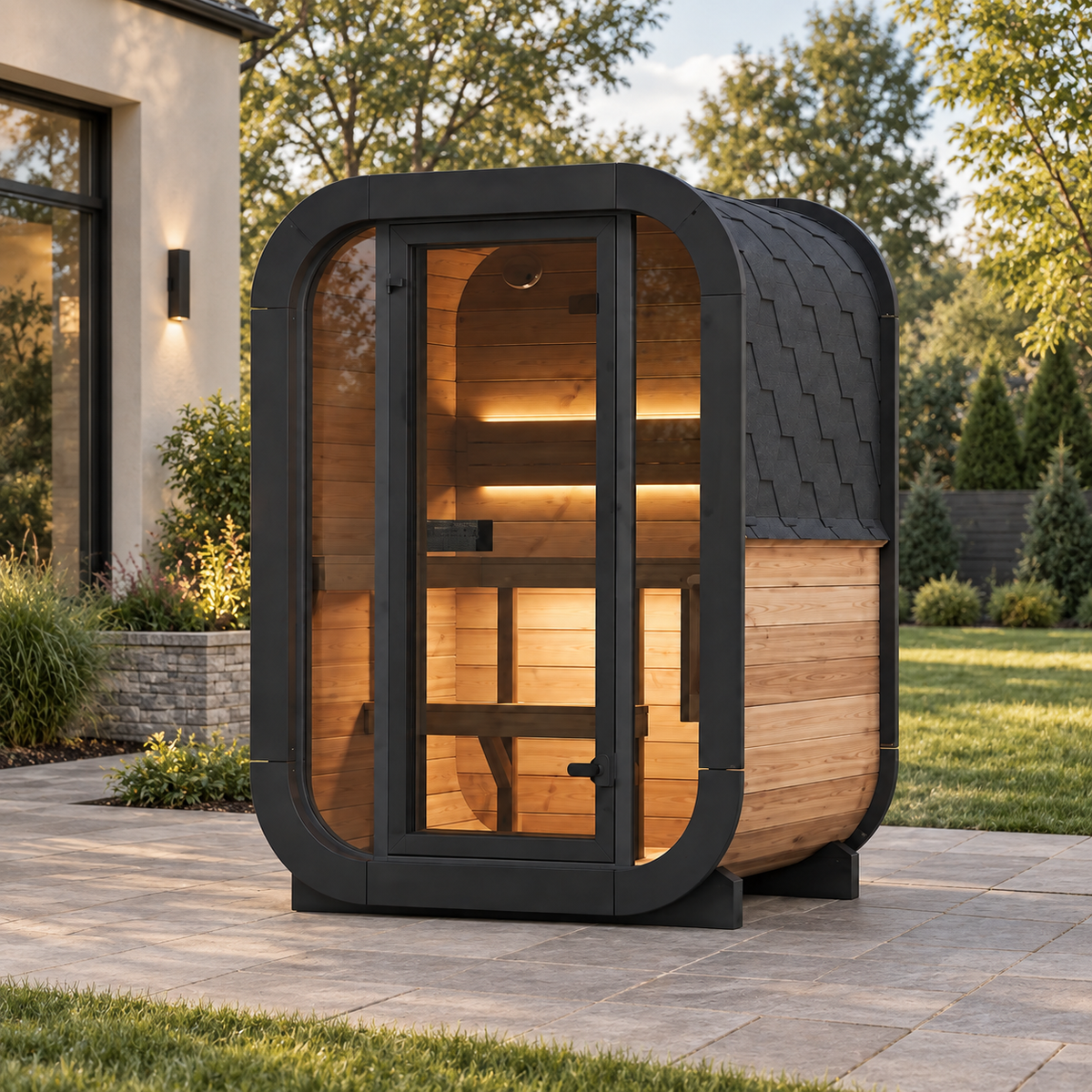 SaunaLife CL3G cube sauna on a patio, front view