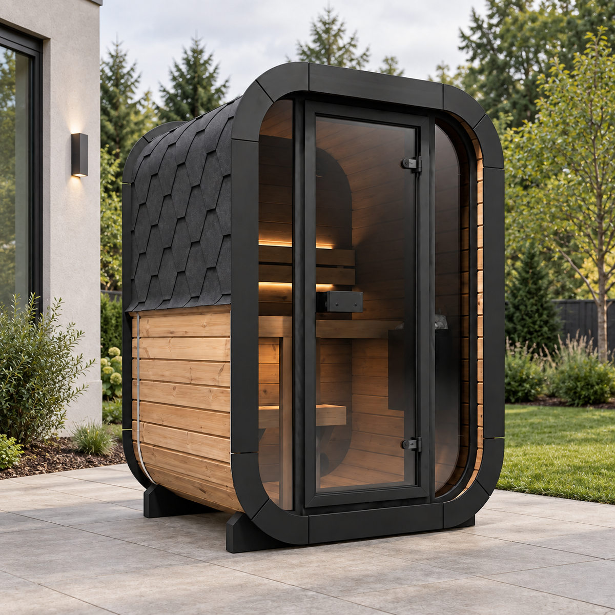 SaunaLife CL3G cube sauna on a patio, three-quarter view