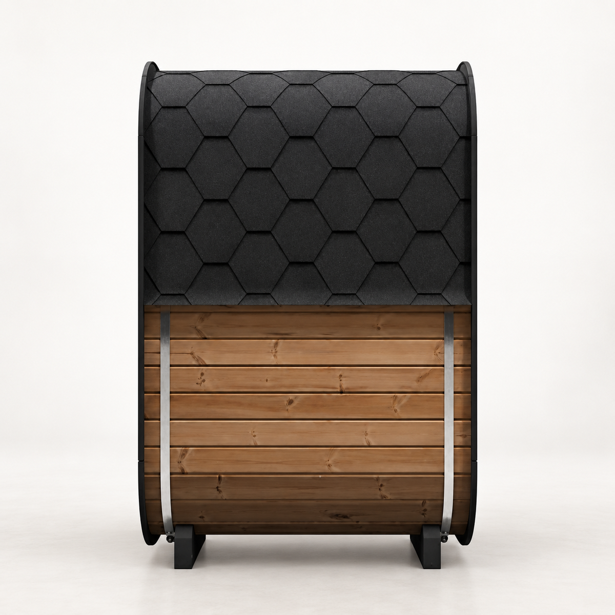 SaunaLife CL3G cube sauna, side view with shingle roof, Thermo-Spruce staves and steel band