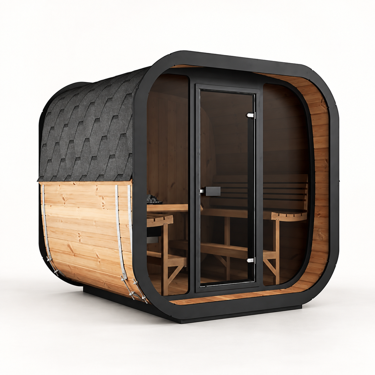 SaunaLife CL7G cube sauna, three-quarter view from the left with shingle roof and glass front