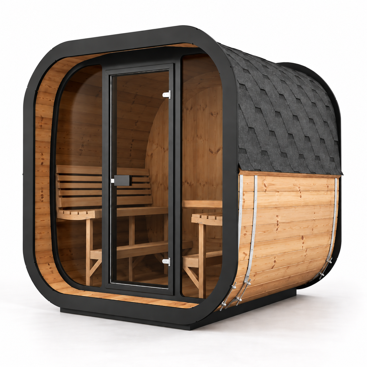 SaunaLife CL7G cube sauna, three-quarter view from the right with glass door