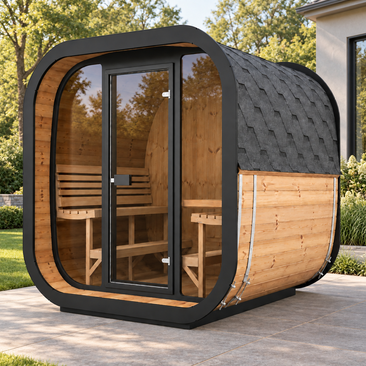 SaunaLife CL7G cube sauna on a patio, three-quarter view from the right
