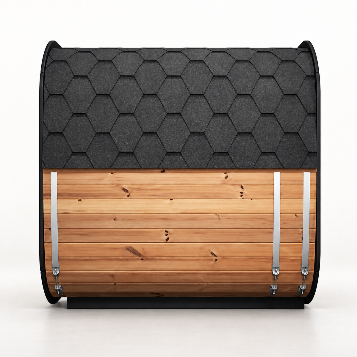 SaunaLife CL7G cube sauna, side view with shingle roof, Thermo-Spruce staves and steel bands