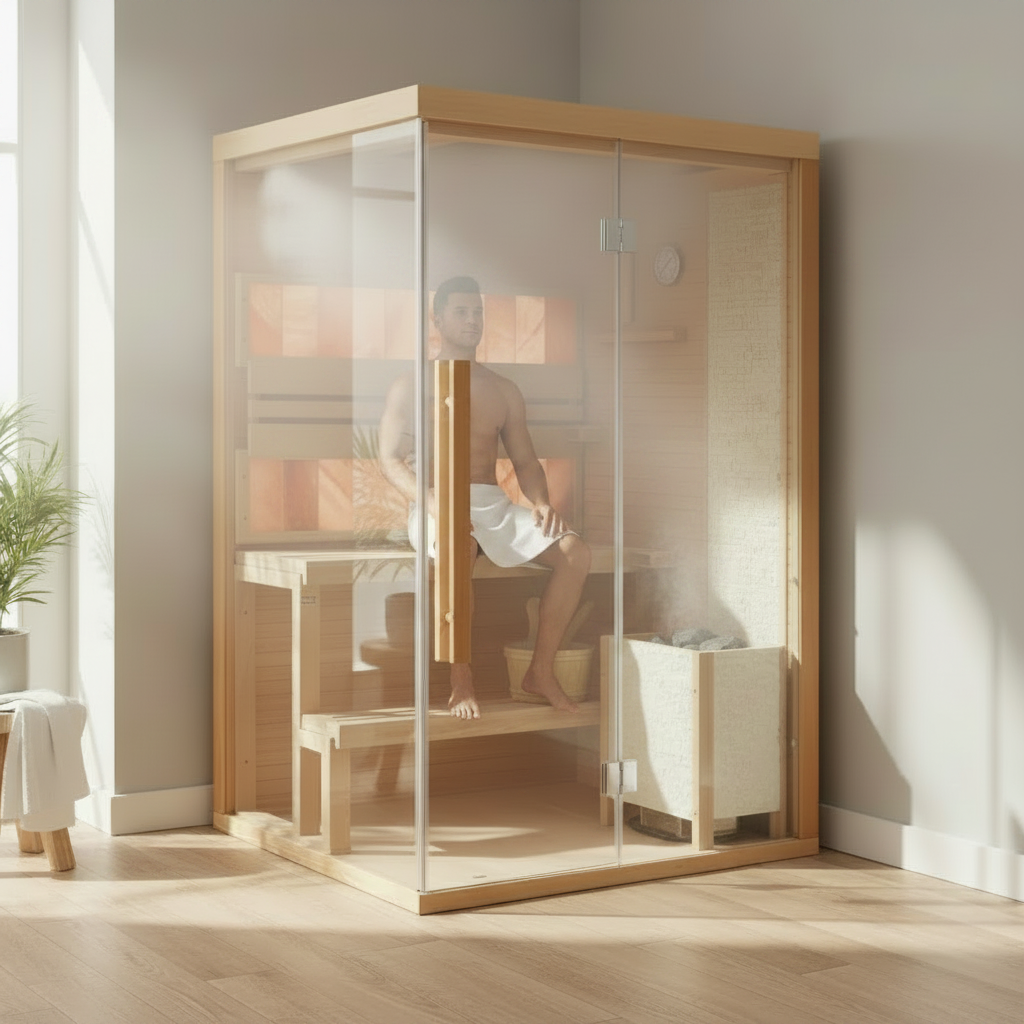 2-Person Indoor Traditional Steam Sauna, Harvia 3.5kW Electric Stove, Wet/Dry, 7-Color LED Lighting, Bluetooth, 220V