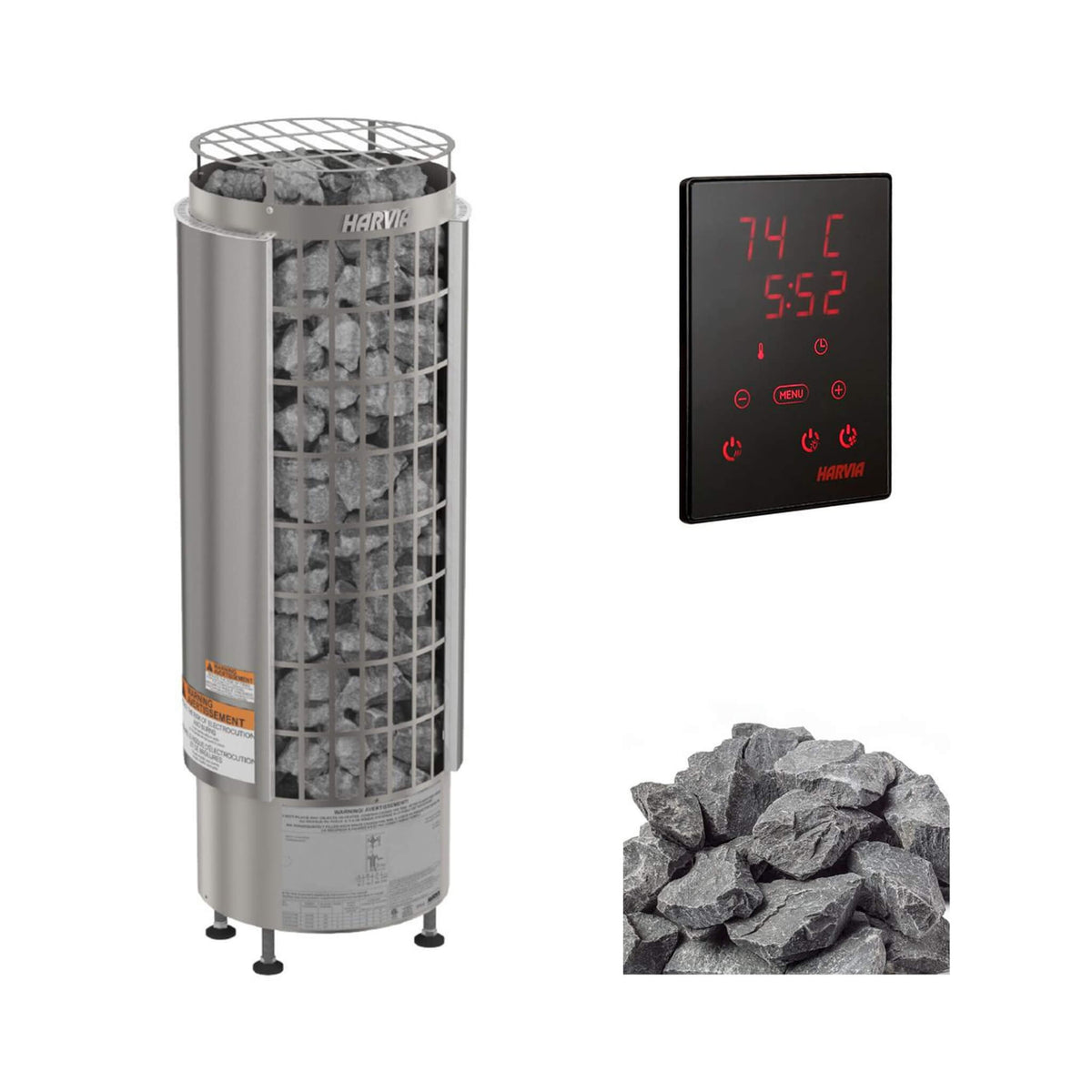 Harvia Cilindro PC110E heater with Xenio CX45 control and sauna stones