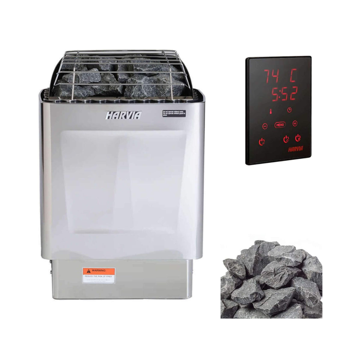 Harvia KIP80W heater with Xenio CX170 control and sauna stones
