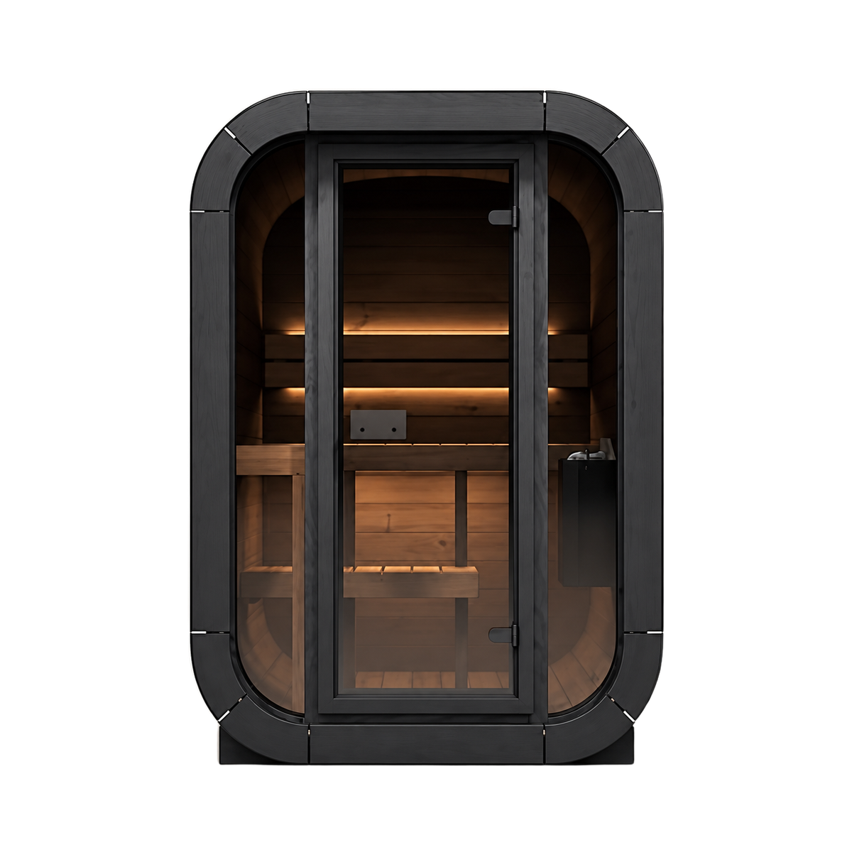 SaunaLife CL3G outdoor cube sauna, front view with full glass front and door