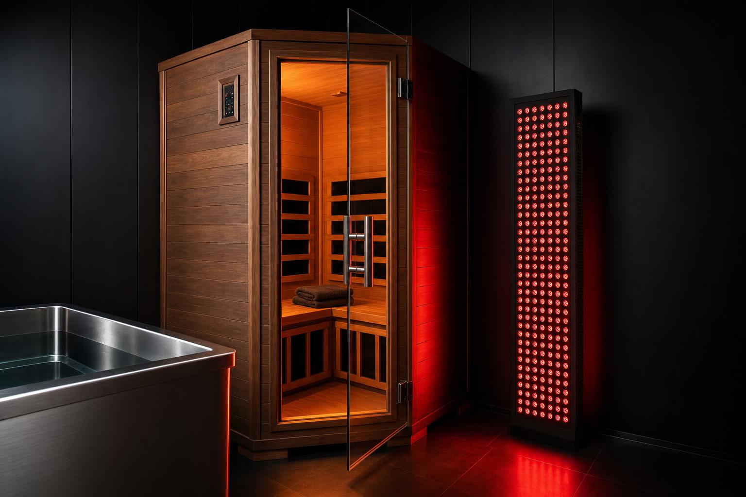 Infrared sauna cabin, cold plunge tub and full-body red light therapy panel in a dark recovery room
