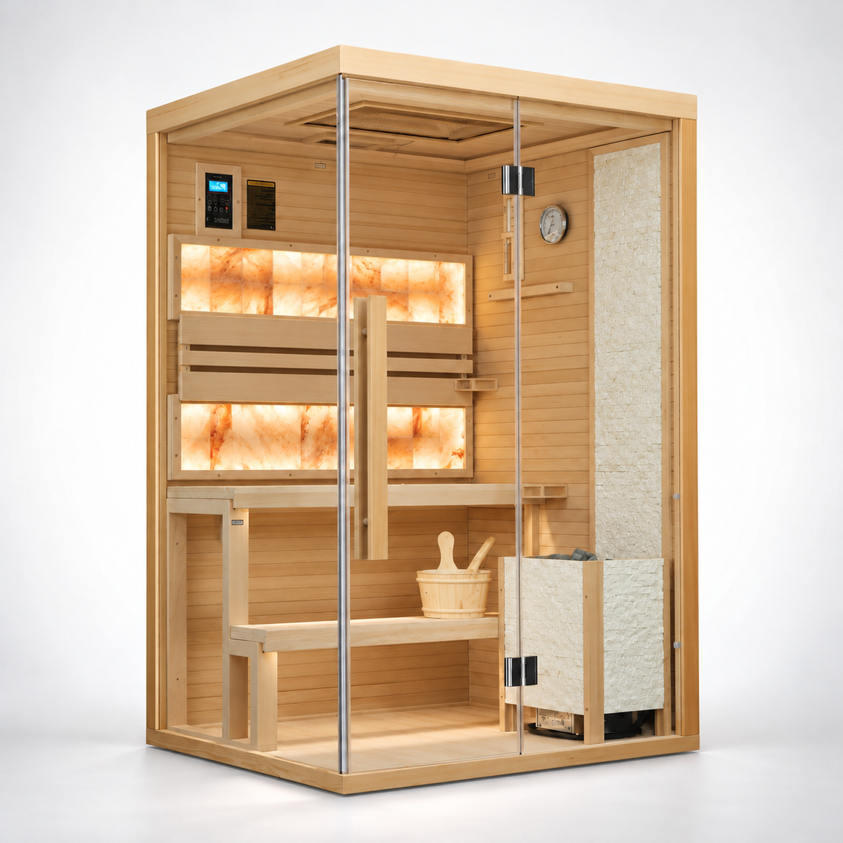 2-Person Indoor Traditional Steam Sauna, Harvia 3.5kW Electric Stove, Wet/Dry, 7-Color LED Lighting, Bluetooth, 220V