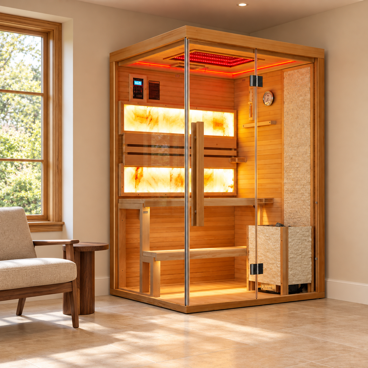 2-Person Indoor Traditional Steam Sauna, Harvia 3.5kW Electric Stove, Wet/Dry, 7-Color LED Lighting, Bluetooth, 220V