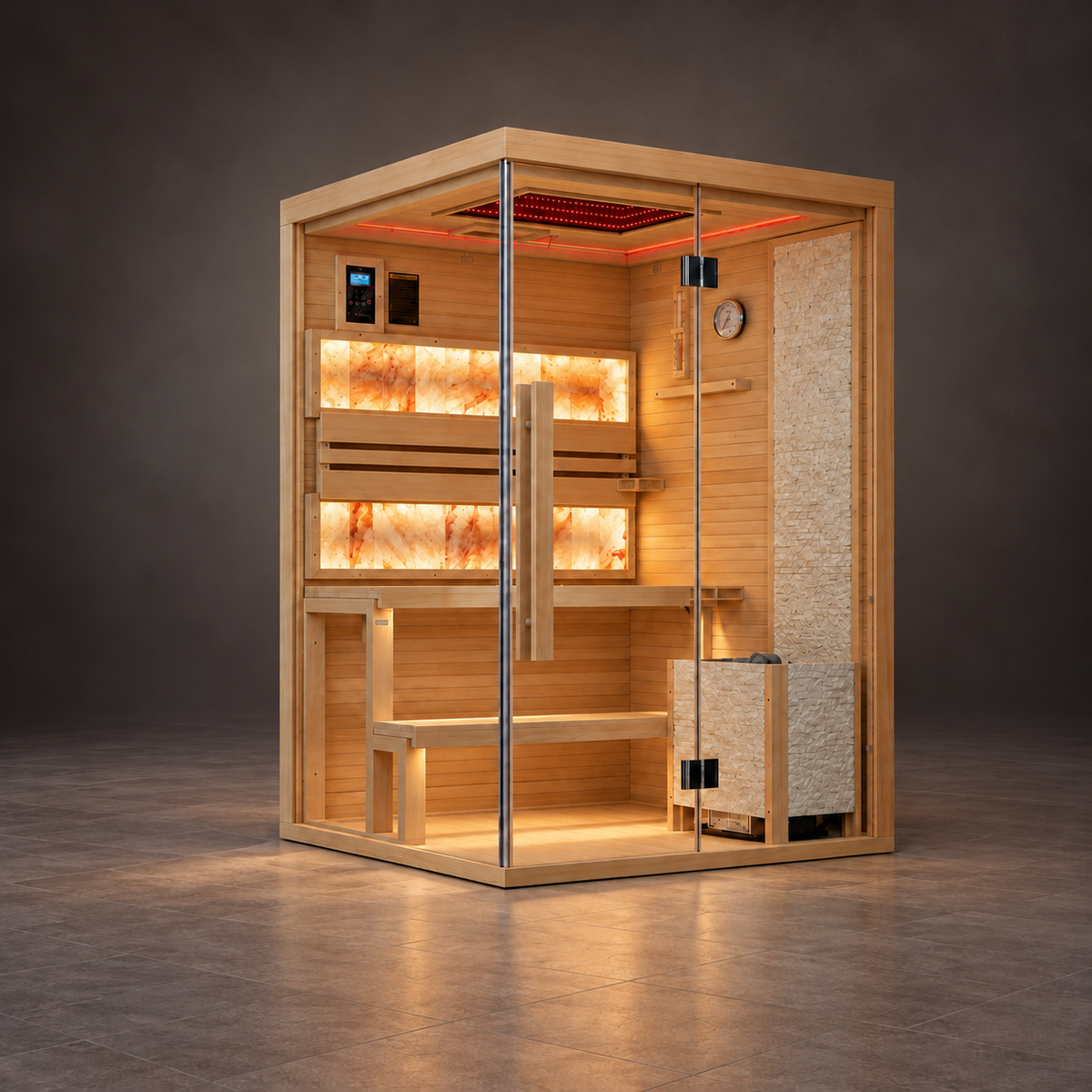 2-Person Indoor Traditional Steam Sauna, Harvia 3.5kW Electric Stove, Wet/Dry, 7-Color LED Lighting, Bluetooth, 220V