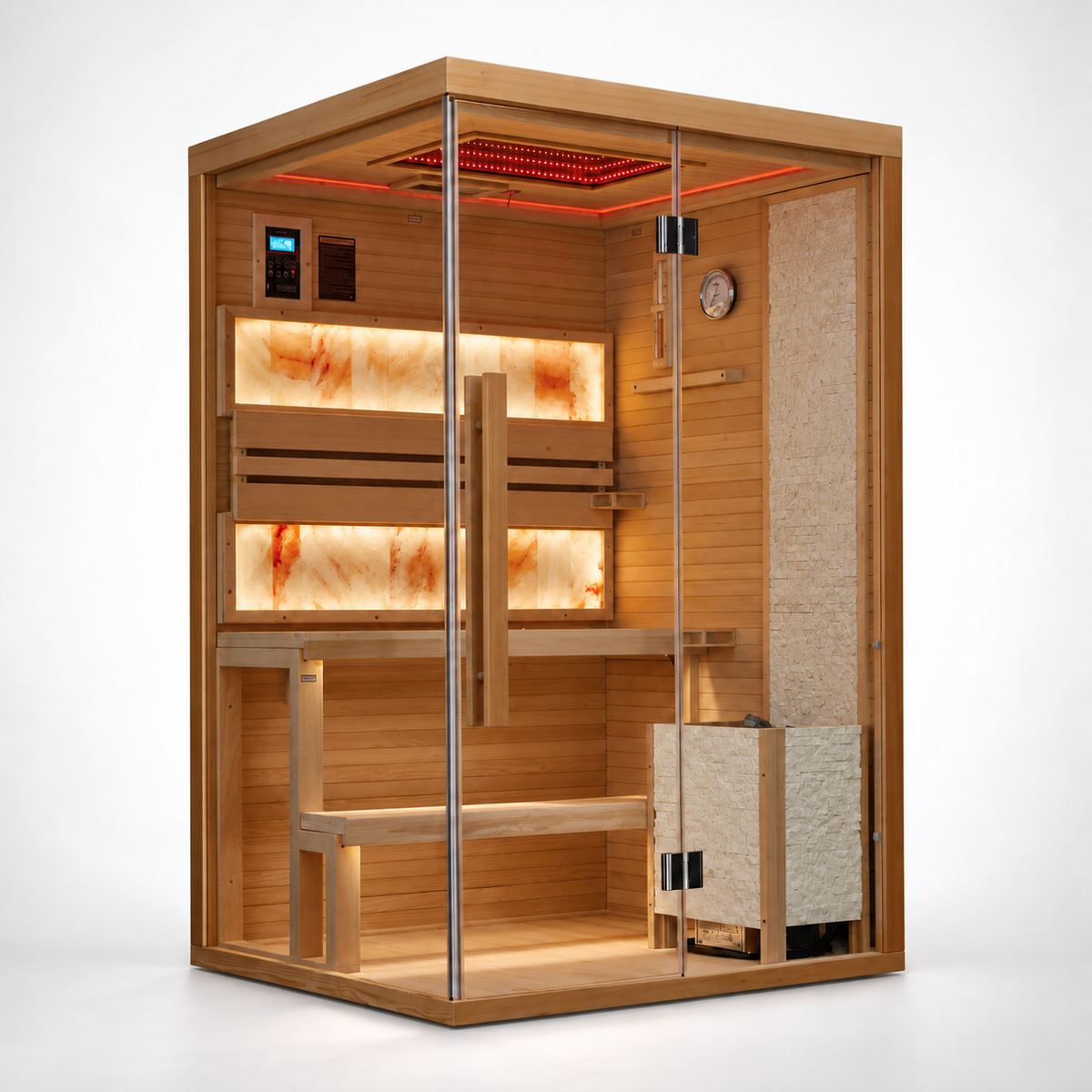2-Person Indoor Traditional Steam Sauna, Harvia 3.5kW Electric Stove, Wet/Dry, 7-Color LED Lighting, Bluetooth, 220V