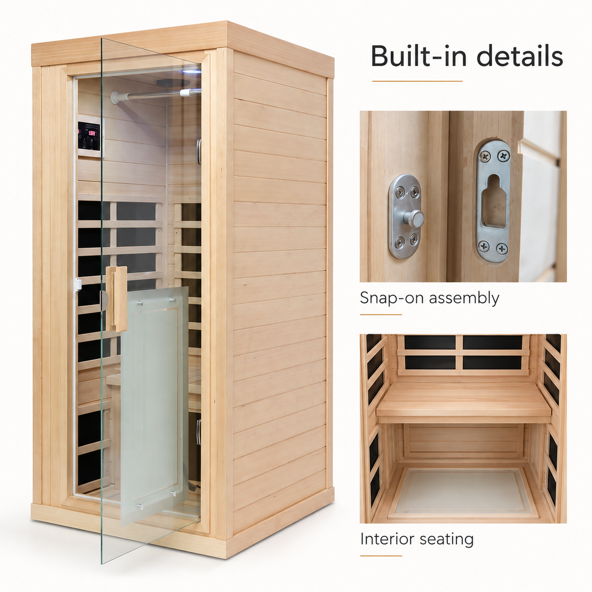 1 Person Indoor FAR Infrared Sauna, Canadian Hemlock, 7 Heaters, ETL & cETL Listed, 120V, 1700W