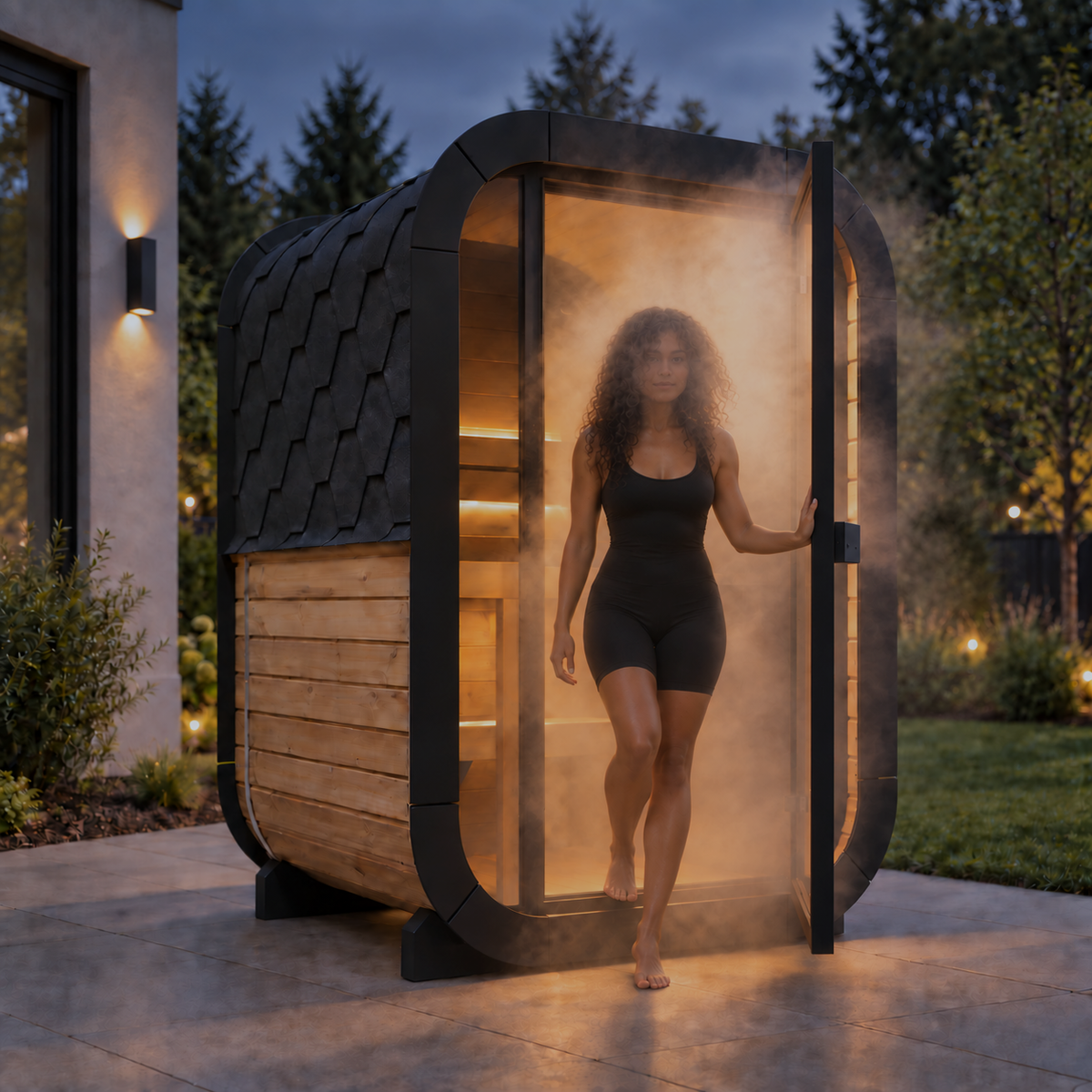 Woman stepping out of the SaunaLife CL3G through the open glass door