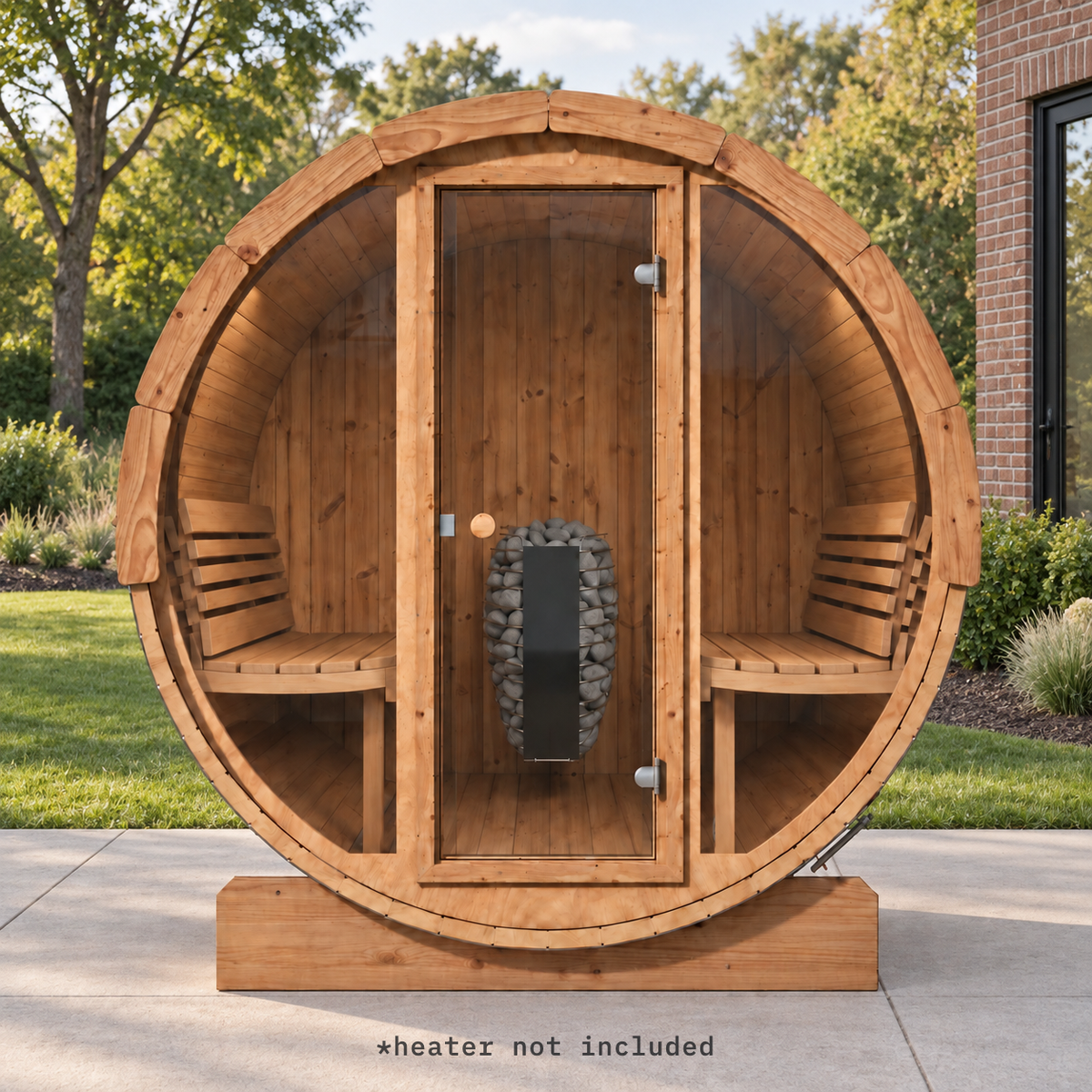SaunaLife E7G barrel sauna, front view. Heater not included