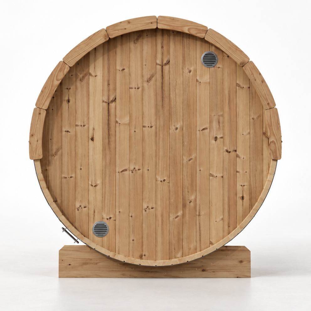 SaunaLife E7G barrel sauna, rear wall with intake and exhaust vents