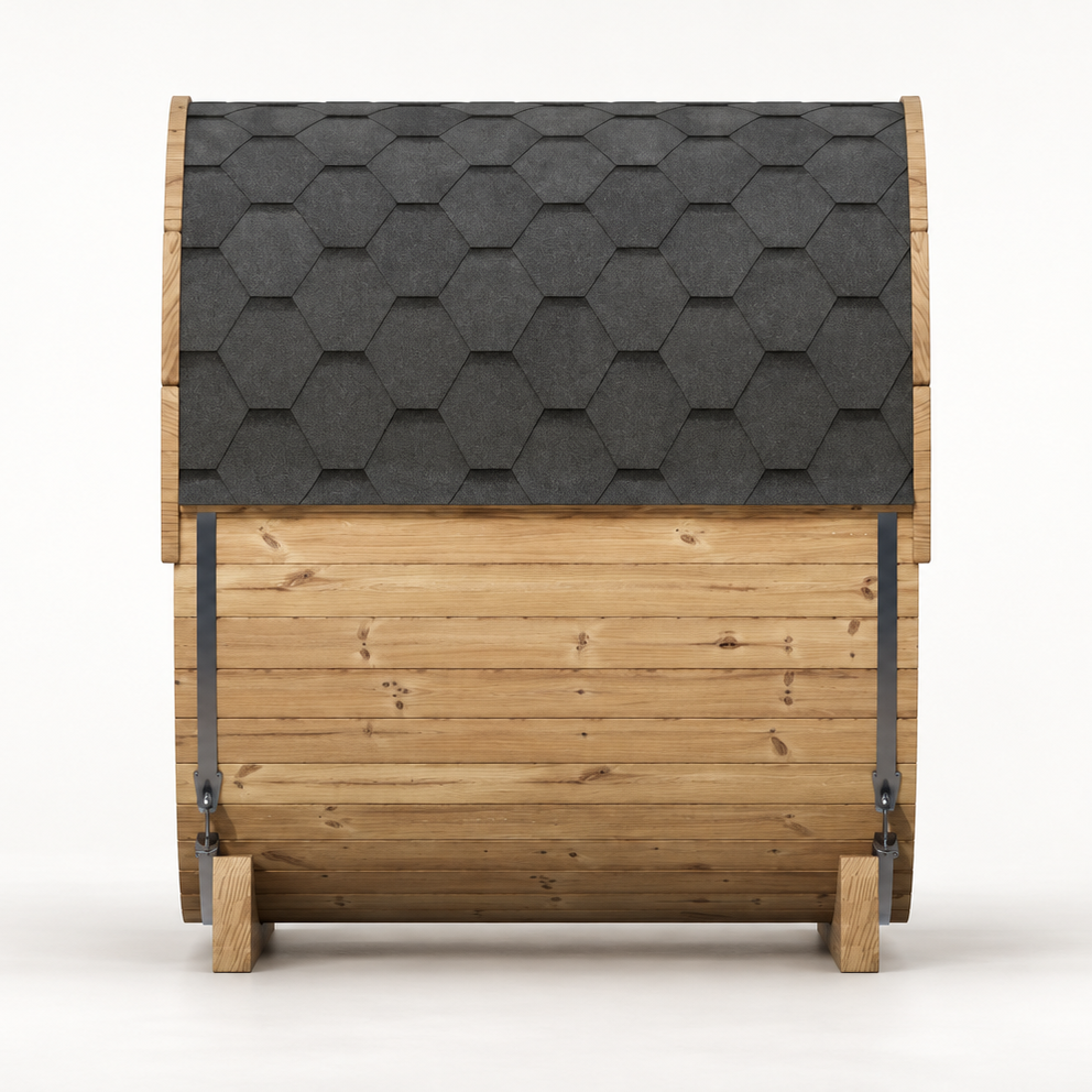 SaunaLife E7G barrel sauna, shingle roof, staves and stainless steel bands