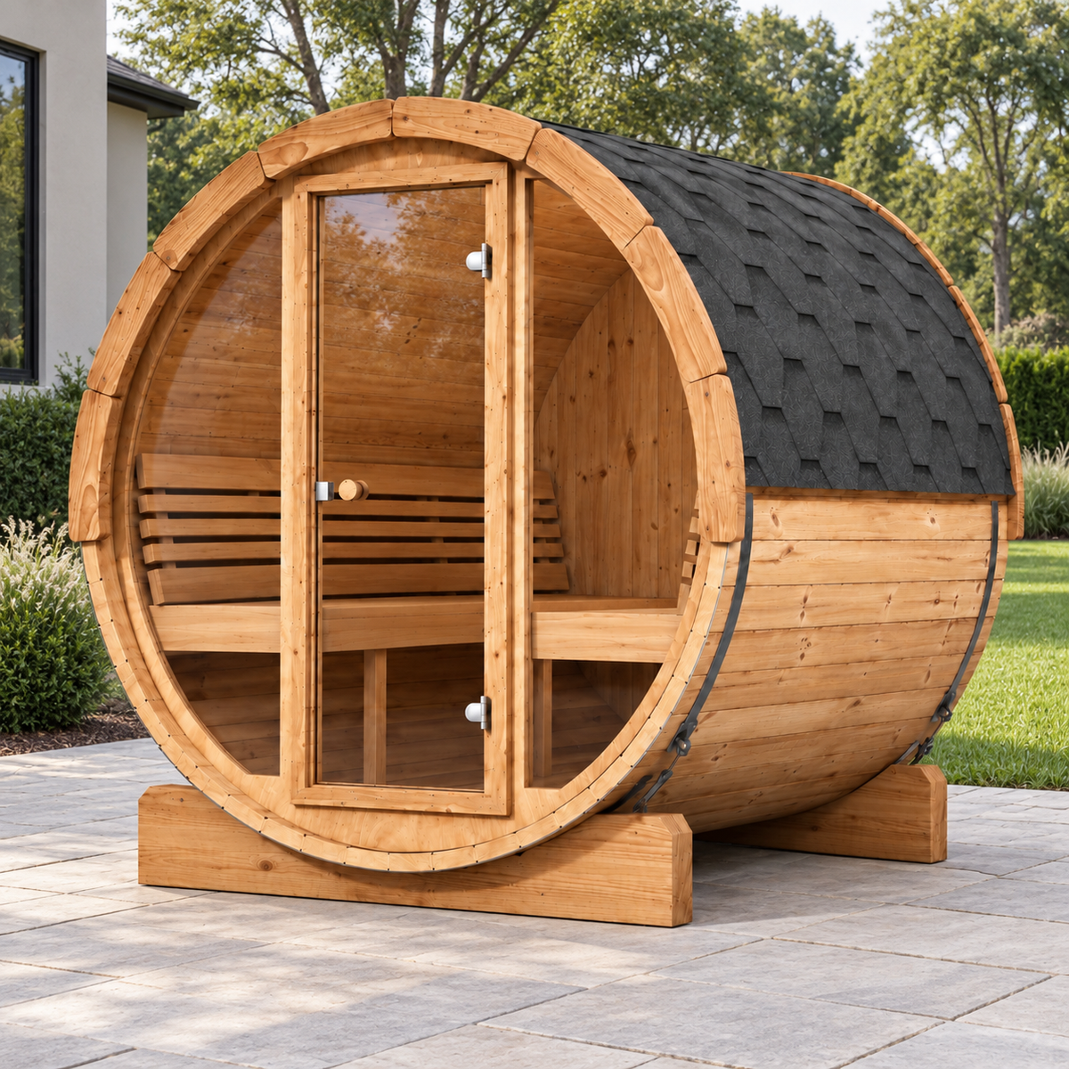 SaunaLife E7G barrel sauna outdoors, three-quarter view
