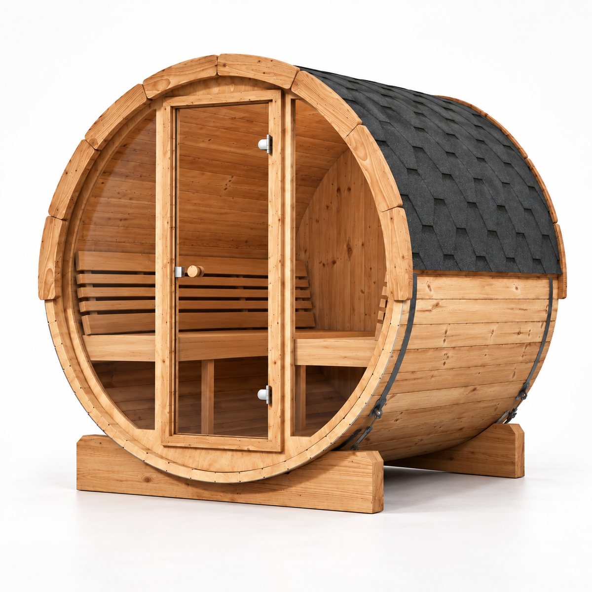 SaunaLife E7G barrel sauna, three-quarter view from the left