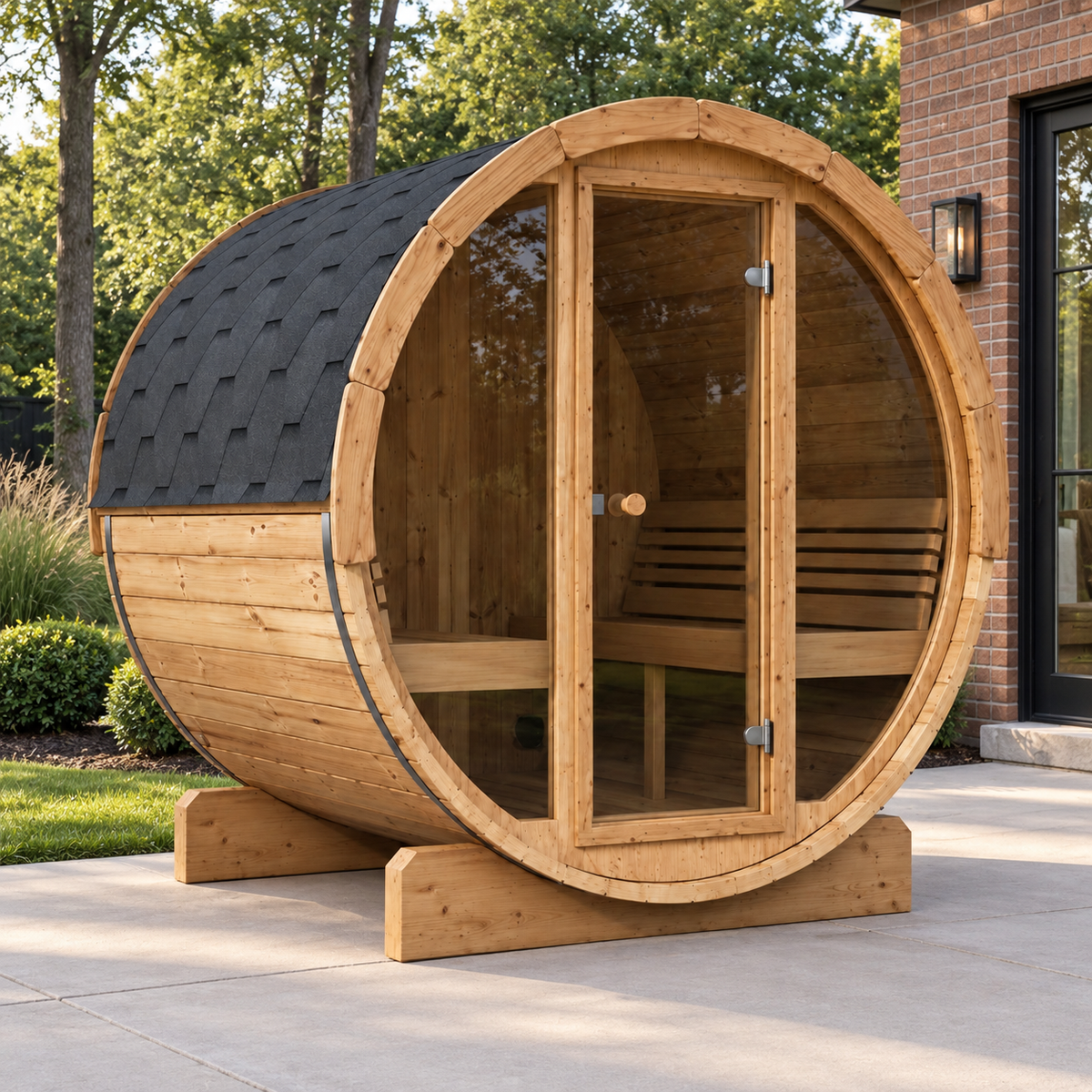 SaunaLife E7G barrel sauna on a patio, three-quarter view
