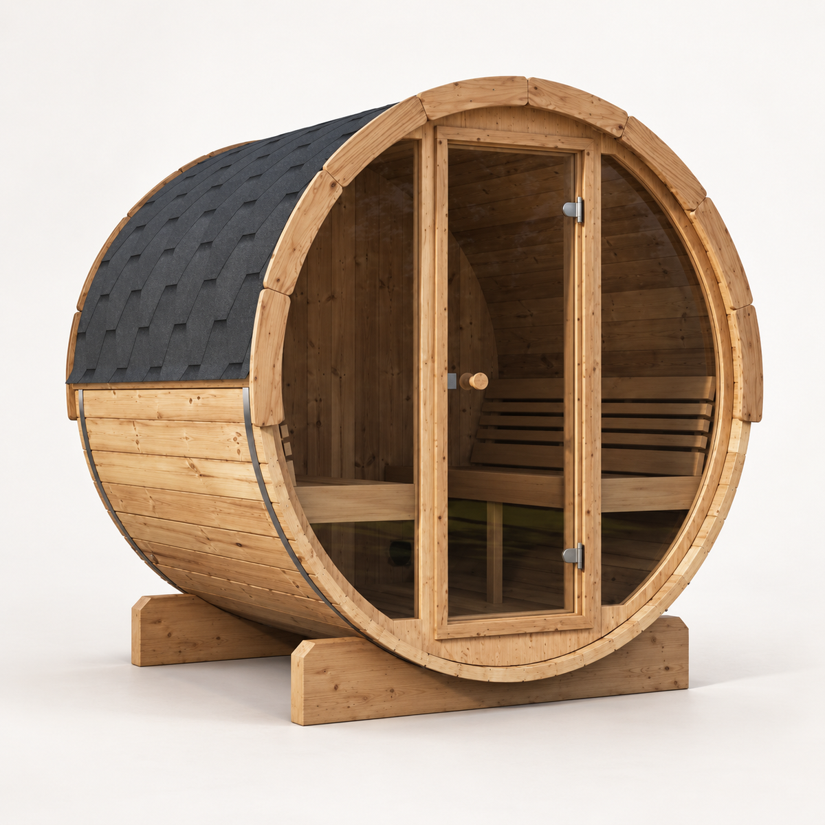 SaunaLife E7G outdoor barrel sauna, three-quarter view with shingle roof