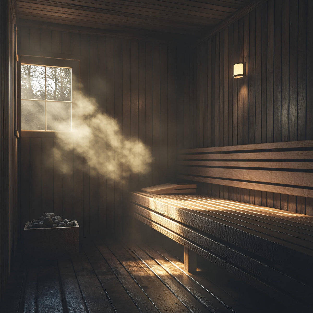 Traditional Finnish-style sauna interior with wood benches and steam