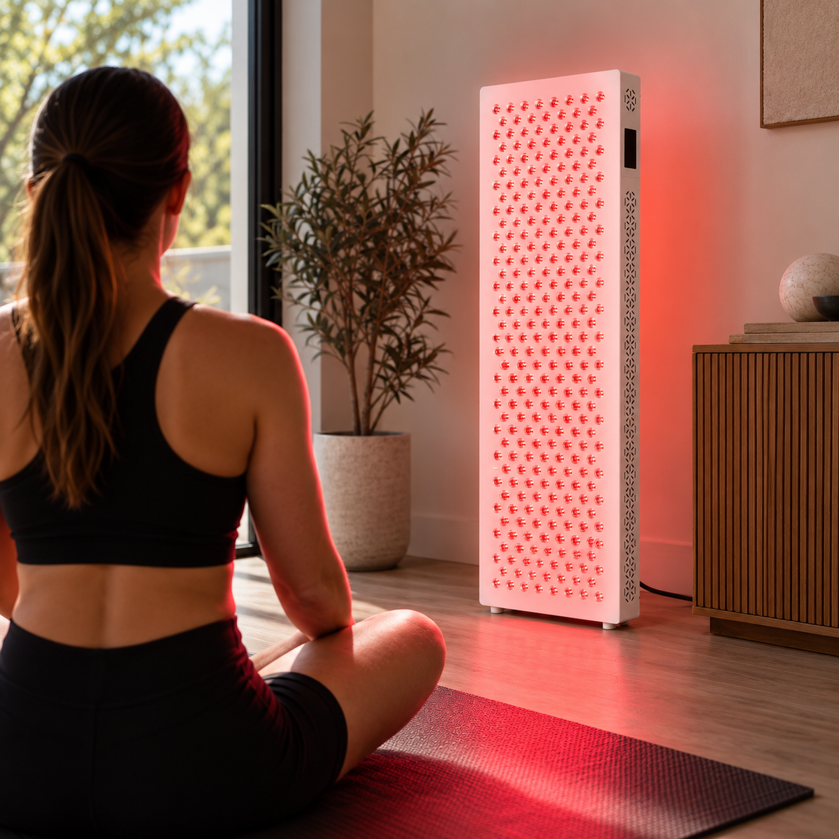Red Nova 1500 Pro red light panel running during a seated mat session near a window