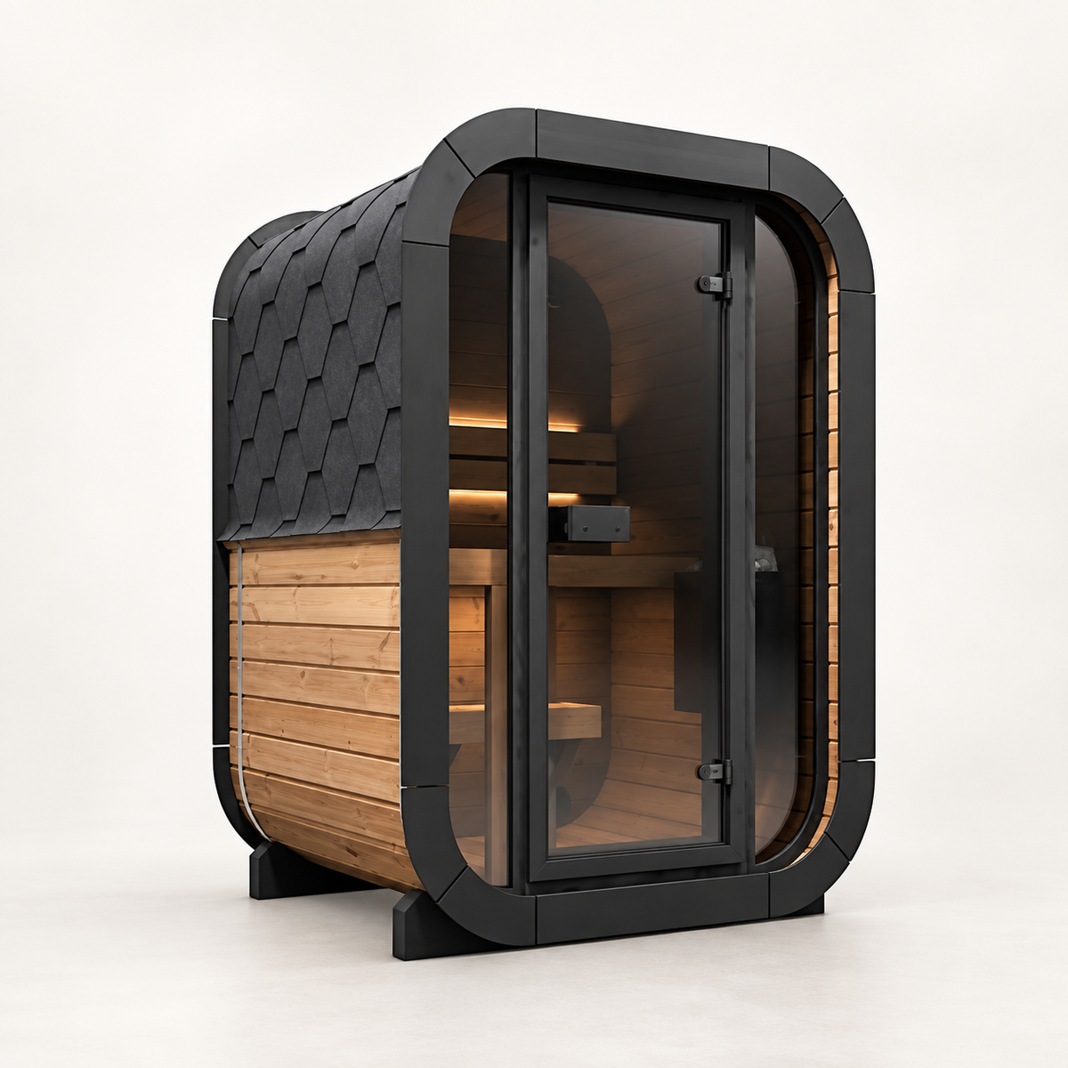 SaunaLife CL3G cube sauna, three-quarter view from the right with glass door
