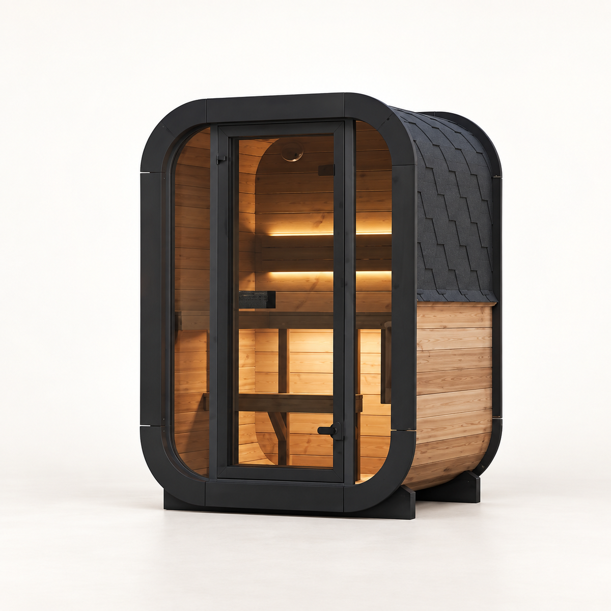 SaunaLife CL3G cube sauna, three-quarter view from the left with shingle roof