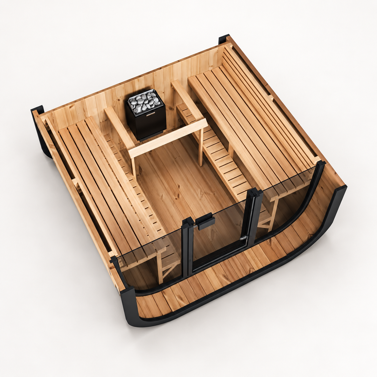 SaunaLife CL7G cutaway from above: two facing two-tier benches and heater guard. Heater chosen separately