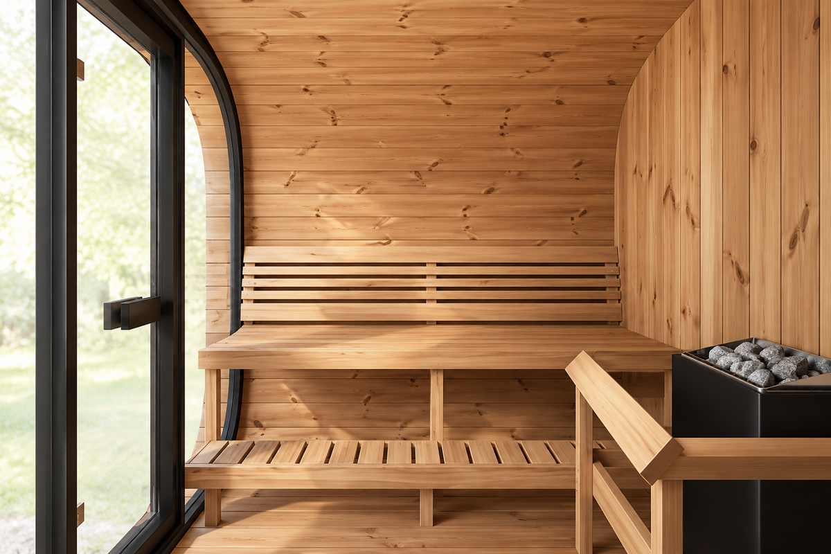 SaunaLife CL7G interior, Thermo-Aspen bench and glass front. Heater shown is chosen separately