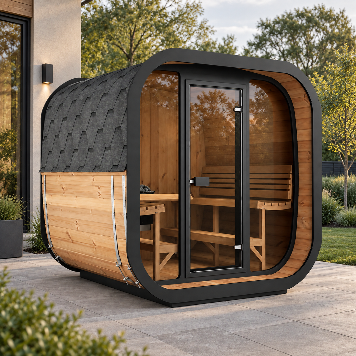 SaunaLife CL7G cube sauna on a patio, three-quarter view
