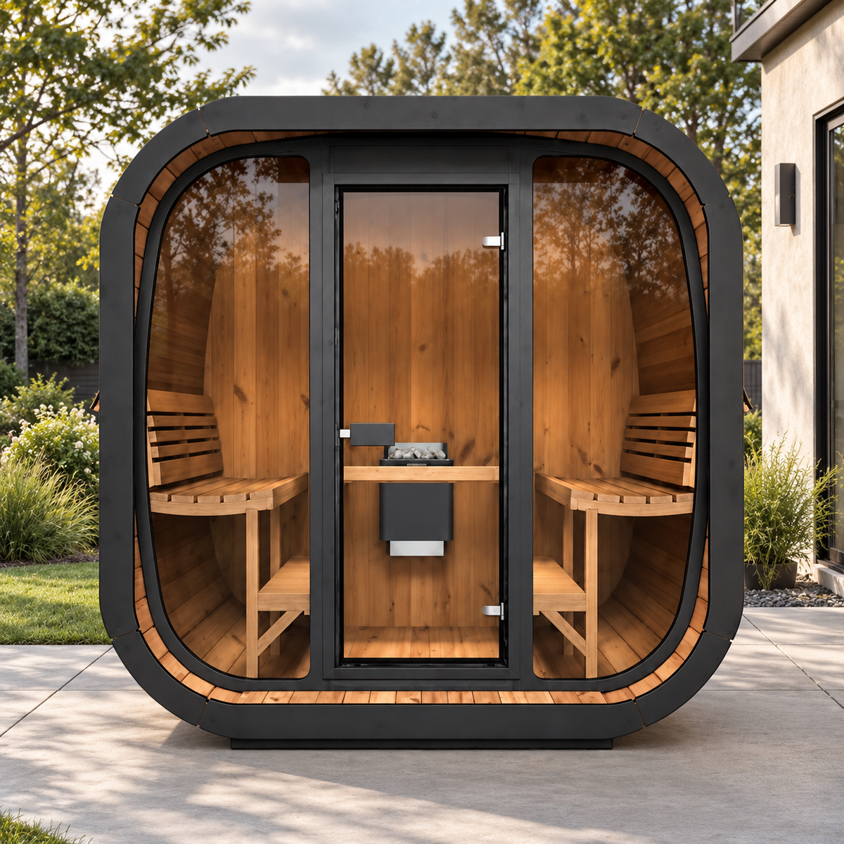 SaunaLife CL7G cube sauna on a patio, front view