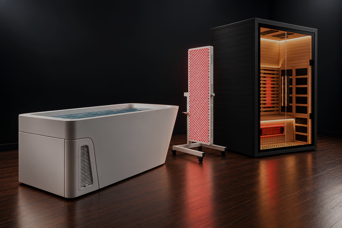 Cold plunge tub, red light panel on a stand and an infrared sauna in a dark room