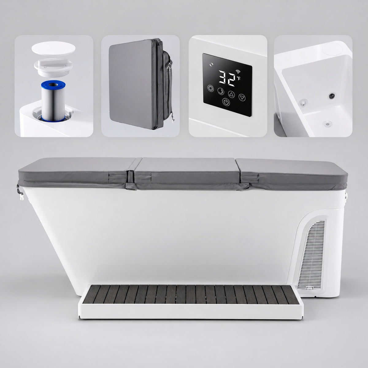 DeepTime Fiber Core All-In detail shots: filter cartridge, insulated cover, touchscreen control, drain fittings