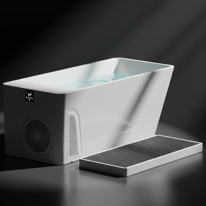 DeepTime Fiber Core cold plunge tub with built-in chiller and step platform