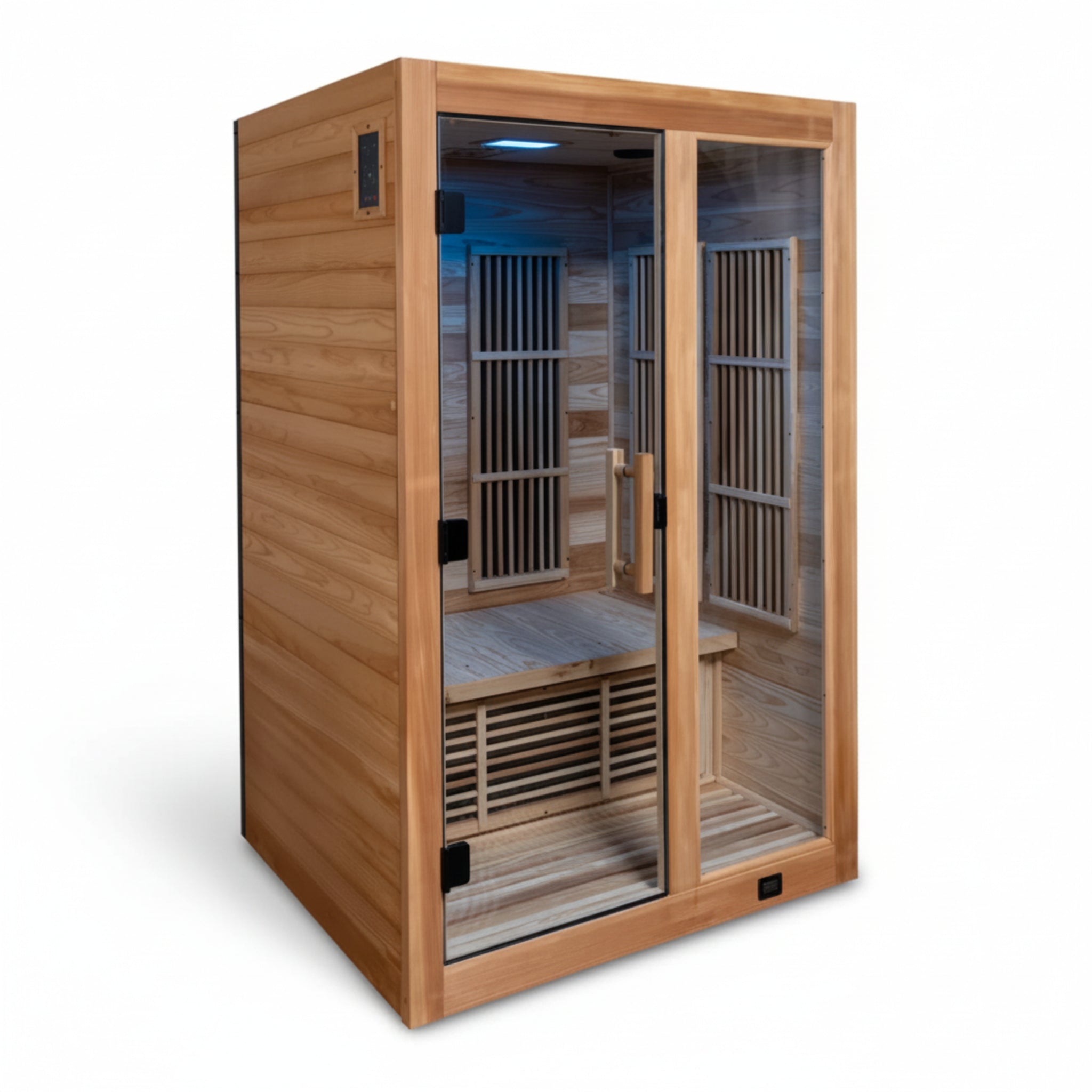 2-Person Cedar Wood Indoor Infrared Sauna — Red Light Panel, Chromotherapy Lighting, 8 FAR Infrared Heaters, Low EMF