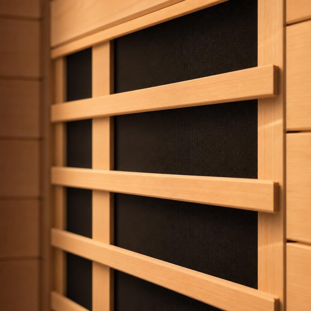 Carbon FAR infrared heater panel behind hemlock slats