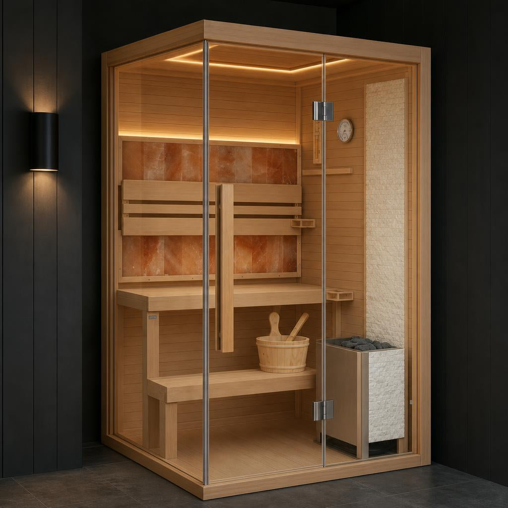 Two-person traditional steam sauna with Harvia electric stove
