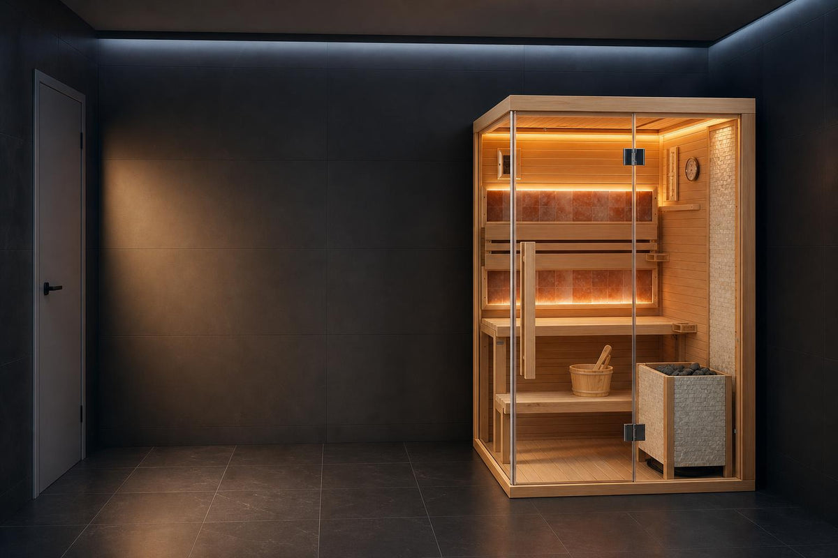 Two-person traditional steam sauna with Harvia electric stove