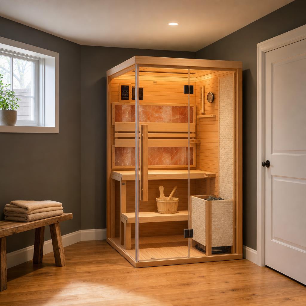 Sauna cabin installed in a finished home room