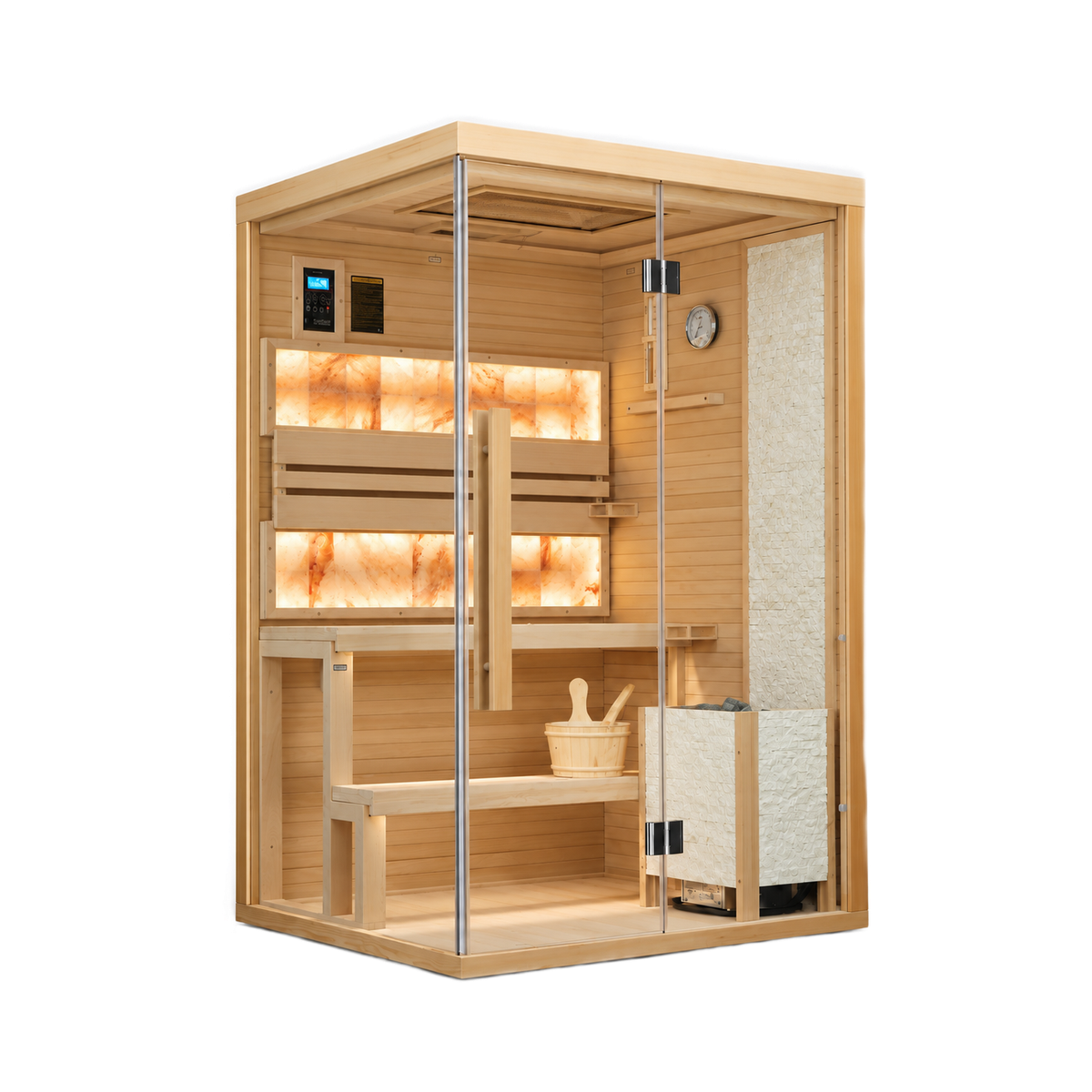 2-Person Indoor Traditional Steam Sauna, Harvia 3.5kW Electric Stove, Wet/Dry, 7-Color LED Lighting, Bluetooth, 220V