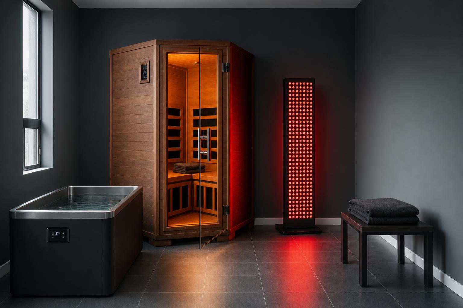 Recovery room fitted with an infrared sauna, cold plunge tub and red light therapy panel