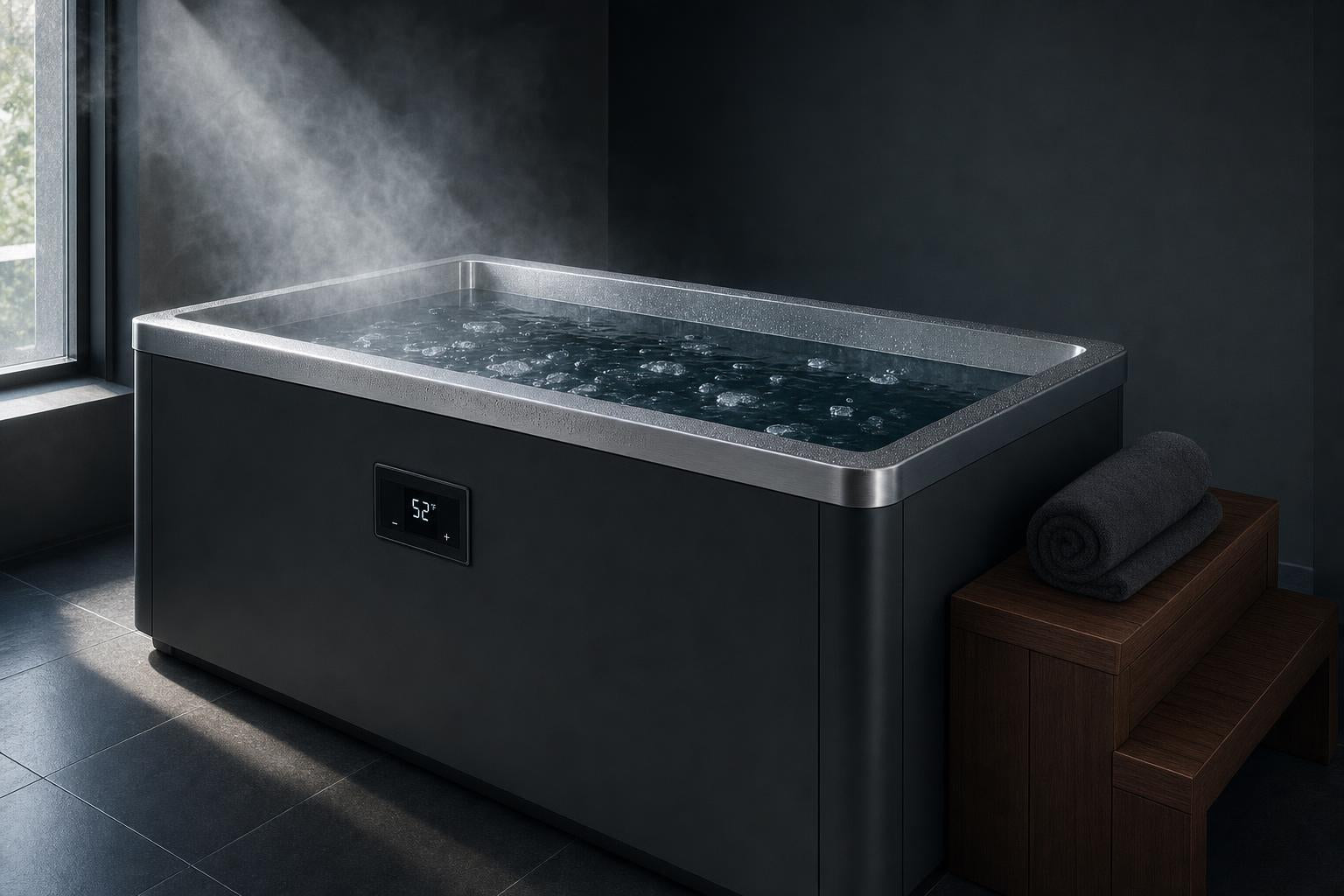 Premium stainless cold plunge tub at 52 degrees with ice and cold vapour