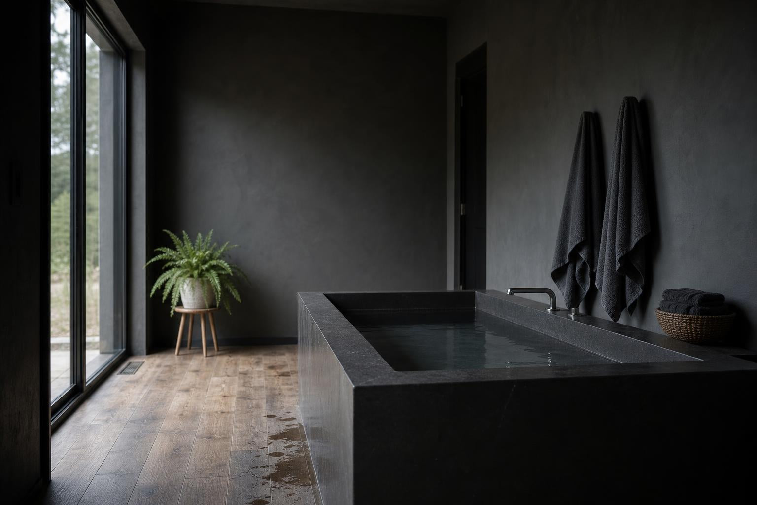 Quiet dark recovery room with a stone cold plunge tub beside a full-height window
