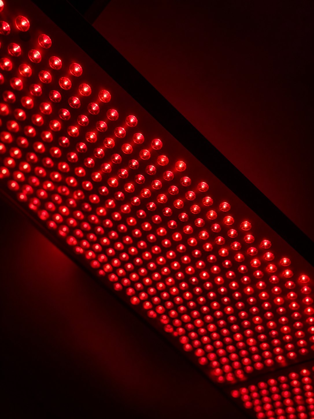 Red light panel LEDs glowing in a dark room
