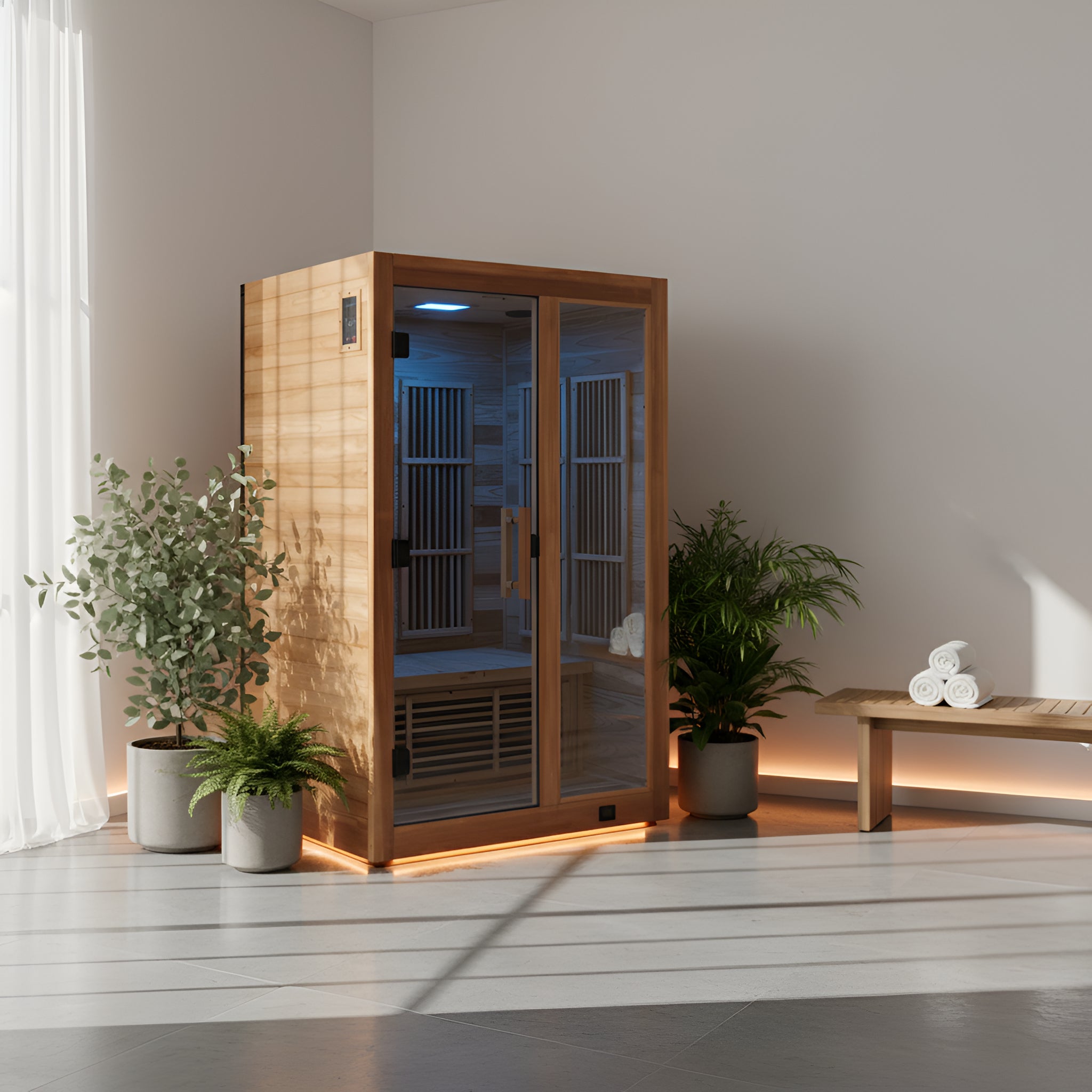 2-Person Cedar Wood Indoor Infrared Sauna — Red Light Panel, Chromotherapy Lighting, 8 FAR Infrared Heaters, Low EMF